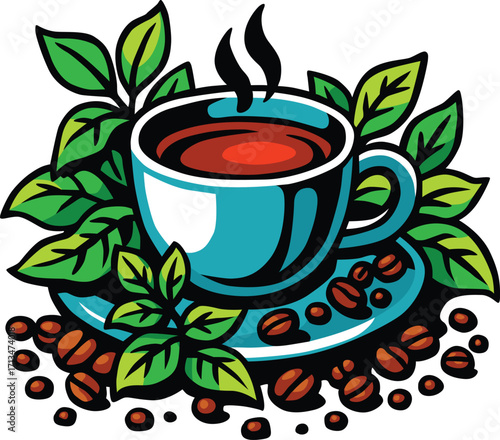 Hot coffee cup with saucer surrounded by green leaves and roasted beans. Perfect for café, organic beverage, breakfast, and barista concepts. Editable EPS file for creative projects.