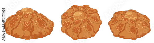 Collection of Mexican Pan de Muertos Day of the Dead Bread Illustrations in Various Angles