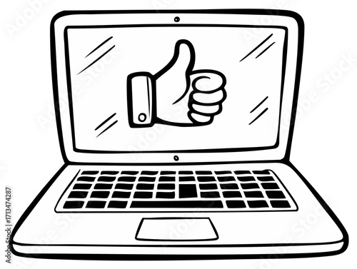 Black and white line art laptop showing thumbs up gesture on screen concept of approval success and good feedback