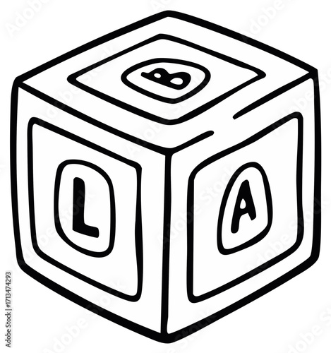 Doodle style cubic toy block with letters L, A, and B