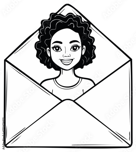 Happy woman with curly hair smiling from inside a mail envelope line art illustration