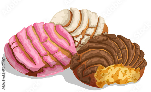 Mexican Conchas Sweet Bread Bitten and Whole - Chocolate, Strawberry, and Vanilla Pan Dulce Desserts Illustration