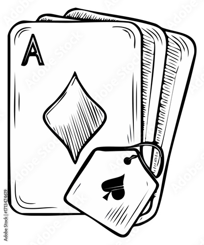 Hand drawn illustration featuring four playing cards, including an ace and a spade card.