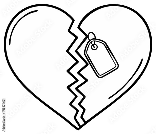 Stylized broken heart line art with an attached blank tag symbolizing love loss or emotional pain
