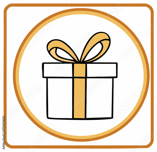 Illustration of a gift box with ribbon inside a circle in a golden frame.