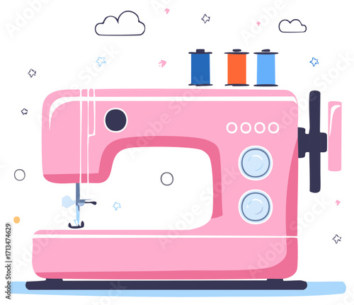 Modern Pink Sewing Machine with Spools of Thread and Cute Decorative Elements