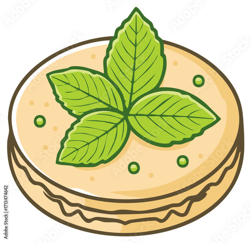 Cartoon illustration of a creamy round dish with fresh mint or basil leaf garnish