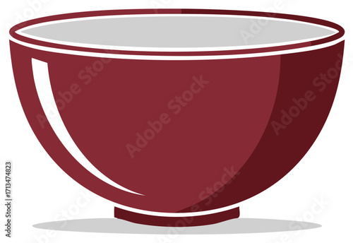 Stylized Ceramic Bowl Illustration, Dark Red Color and Grey Interior, Food Container Isolated