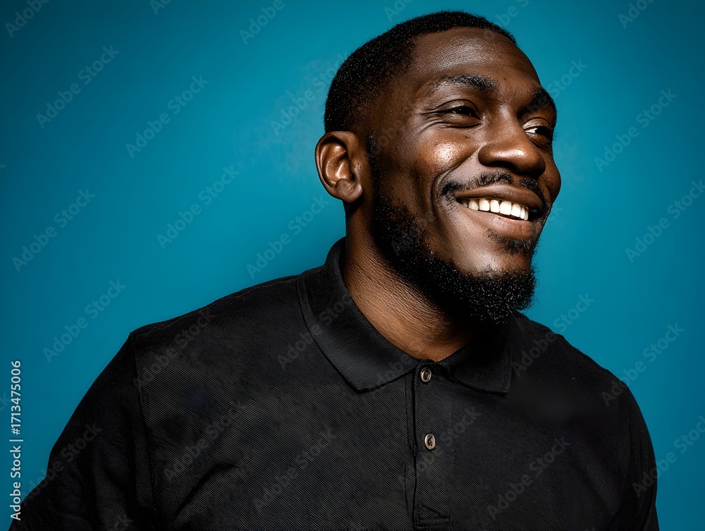 Fototapeta premium A happy young black man smiles broadly wea a dark shirt against a solid bright turquoise background.