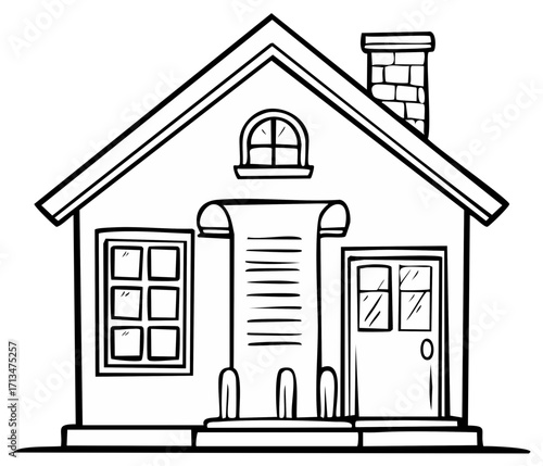 Illustration of cartoon house with a document on the porch