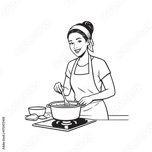 Black and White Vector Illustration of a Smiling Woman Cooking in Kitchen with Apron and Headband