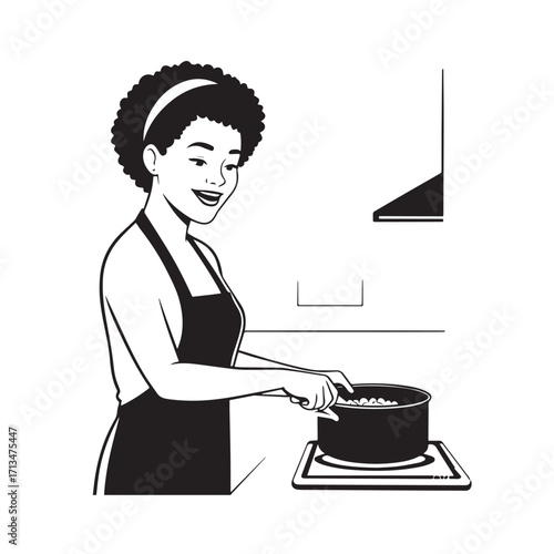 Black and White Vector Illustration of a Smiling Woman Cooking in Kitchen with Apron and Headband