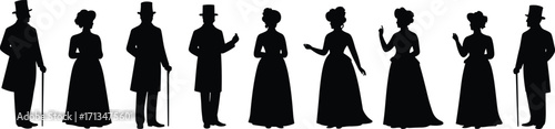 Victorian couple silhouette vector collection, elegant vintage fashion people, historical period costumes, retro gentleman and lady figures for antique style, classic design illustrations