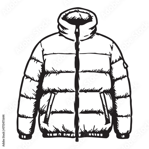 Puffer jacket illustration in black and white a cozy and warm winter outerwear for outdoor activities with zipper and hood design