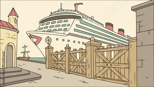 Cruise ship vacation travel destination port cartoon illustration for travel and tourism promotion design