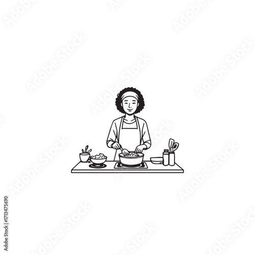 Black and White Vector Illustration of a Smiling Woman Cooking in Kitchen with Apron and Headband