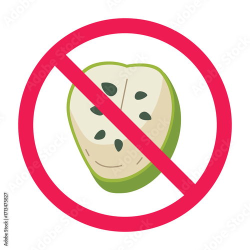 No soursop sign, forbidden soursop fruit sign, soursop prohibited symbol, do not eat soursop fruit symbol, red crossed circle icon, flat vector illustration