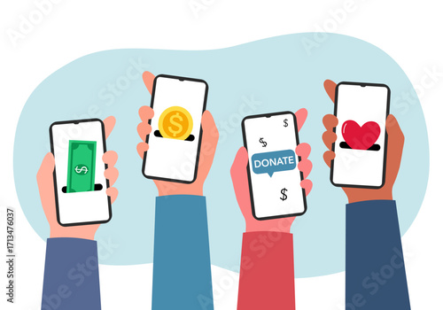 People donating money for charity online and financial support concept vector illustration.