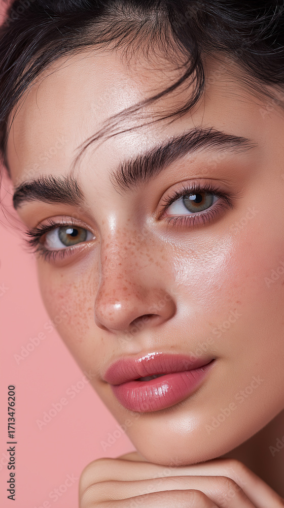 Fototapeta premium Close-up portrait of a young woman with flawless glowing skin touching her cheek on a pink background. 