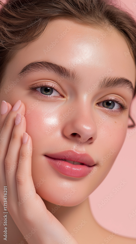 Fototapeta premium Close-up portrait of a young woman with flawless glowing skin touching her cheek on a pink background. 