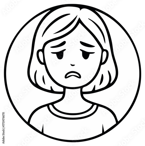 Sad girl illustration inside a circle, black and white cartoon portrait depicting negative emotions and sadness