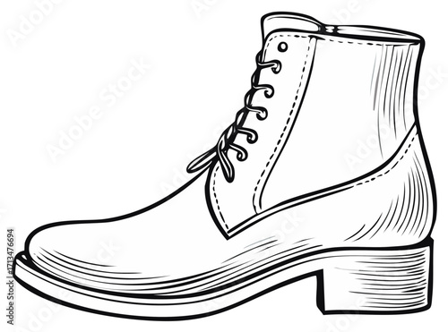 Detailed Monochrome Illustration of a Leather Ankle Boot with Laces and a Low Heel