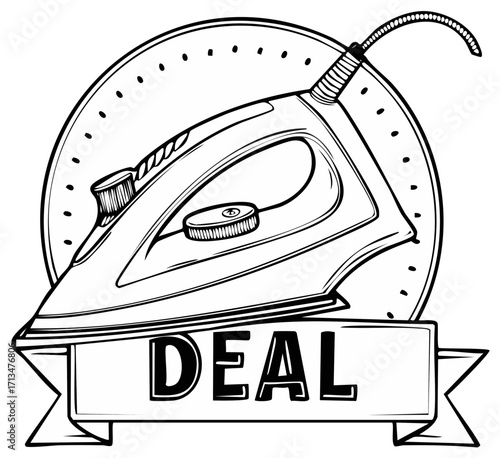 Steam iron with 'Deal' banner in a circular emblem