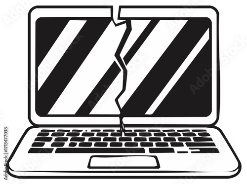 Illustration of a cracked open laptop with screen damage and keyboard