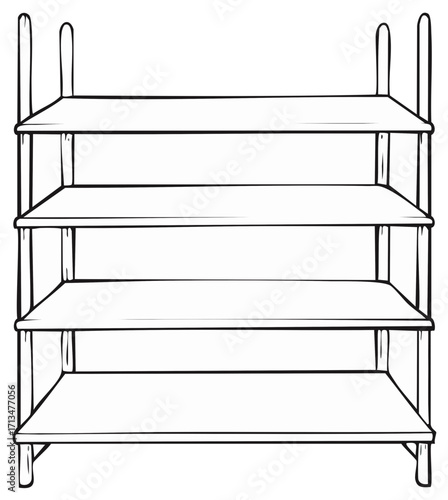 Four Tier Empty Storage Display Shelf Unit Line Drawing Illustration