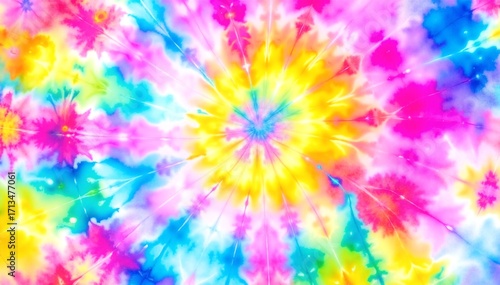 A vibrant tie-dye fabric showcasing a mesmerizing swirl of rainbow colors, blending hues of red, orange, yellow, green, blue, and purple in a playful pattern.