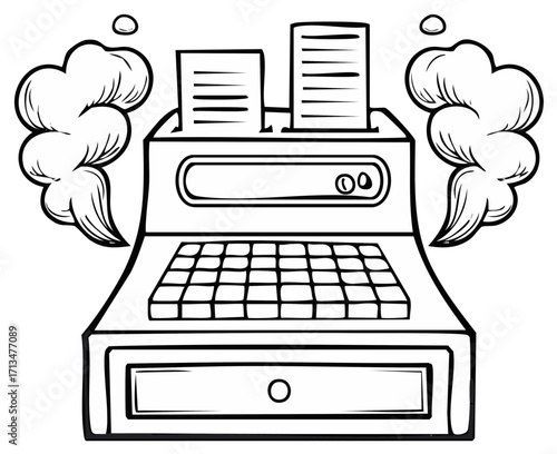 Retro typewriter emitting smoke and steam symbolizing creative output or work