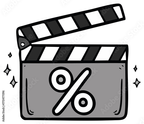 Cartoon depiction of a movie clapperboard with a percentage sign on it for promotions and special offers.