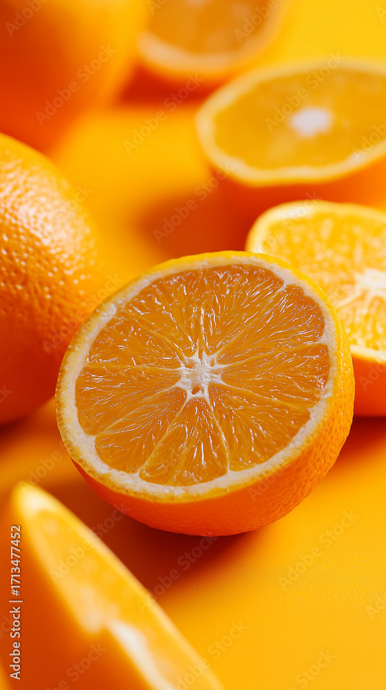 Fototapeta premium Fresh halved oranges on yellow background. 
