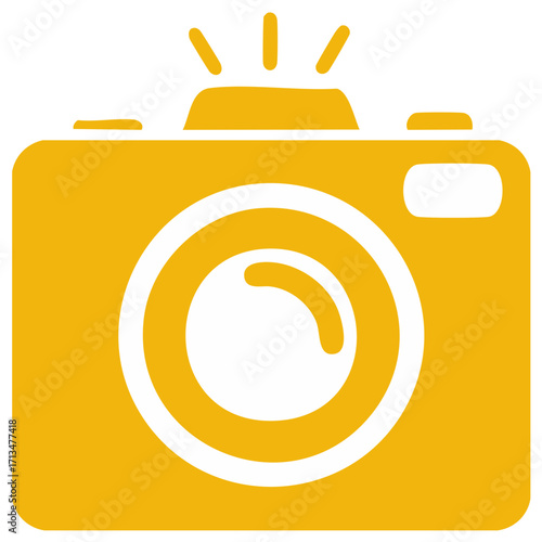Simple yellow camera icon with a flash symbol and lens
