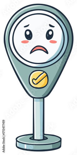 Sad cartoon parking meter or location pin character with a worried expression and checkmark