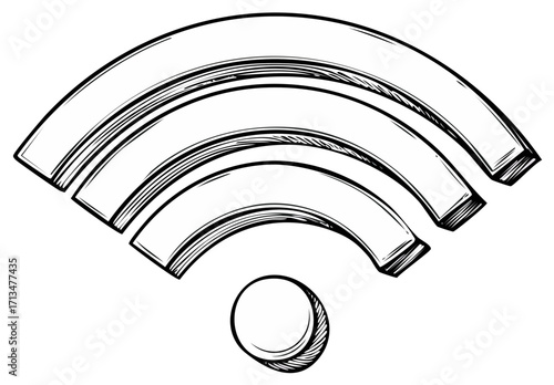 Hand drawn WiFi symbol illustration in black and white isolated on white background.