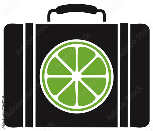 Black suitcase with a large green lime slice icon for travel vacation and journey concepts
