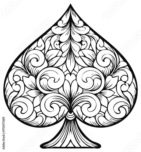 Ornate spade playing card symbol with an intricate floral and scrollwork design
