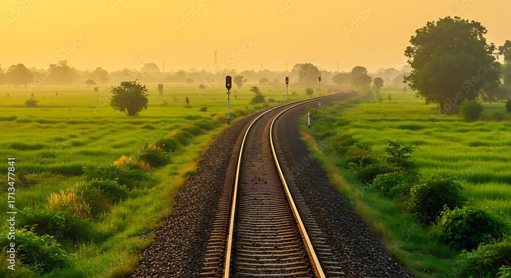Fototapeta premium Railroad track through green fields