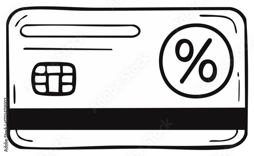 Hand drawn illustration of a credit card with a percentage symbol for discounts and savings