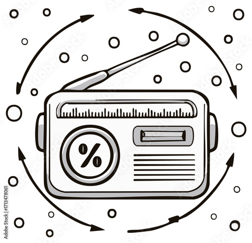 Conceptual illustration of a vintage radio with a percent sign, symbolizing sales, promotions, or financial broadcasts