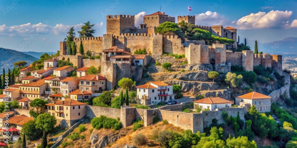 Obraz premium Panoramic View of a Historic Castle Overlooking a Charming Village