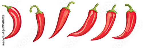 Red hot chili pepper set six isolated spicy vegetable pods bright glossy minimalist flat vector illustration fresh organic ingredients for cooking and decoration