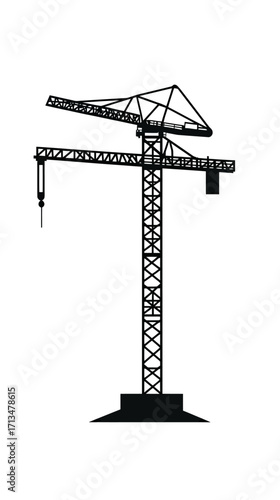 Black silhouette of tower crane construction equipment with hook for lifting on white background vector illustration in flat minimalist style