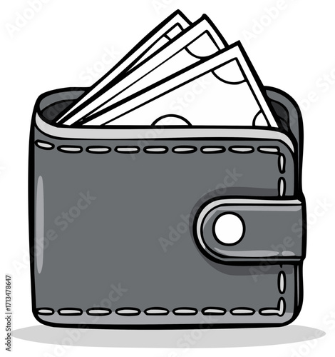 Gray leather wallet with cash protruding from the top opening