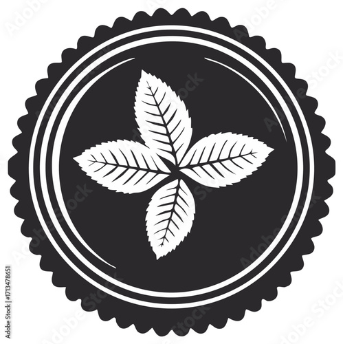 Stylized White Mint Leaves Emblem on Dark Circle with Scalloped Edge