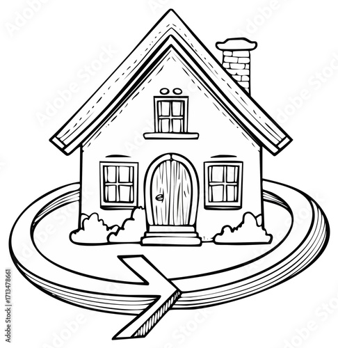 House encircled by directional arrow for real estate or moving concepts