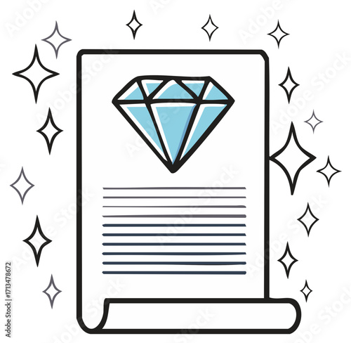 Stylized Illustration of a Gemstone on a Scroll with Sparkling Stars