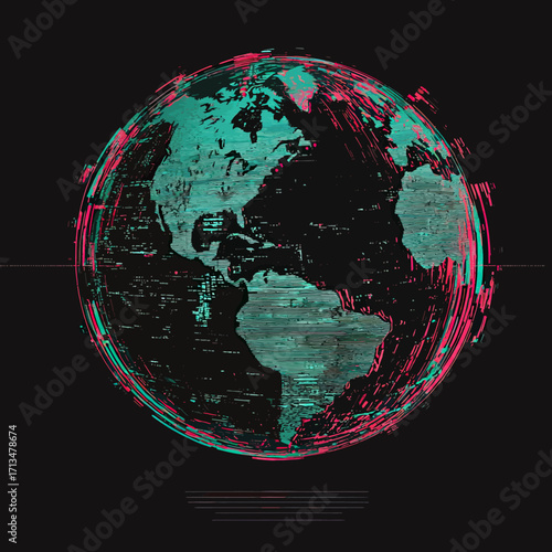 Glitch effect digital Earth globe with distorted 3D anaglyph green and red channels showing Americas and surrounding oceans on dark background