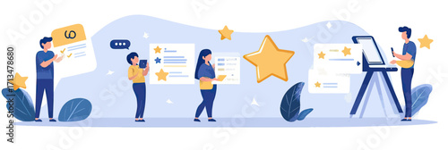 Customer feedback five star rating evaluation people holding review forms writing positive comments flat vector illustration